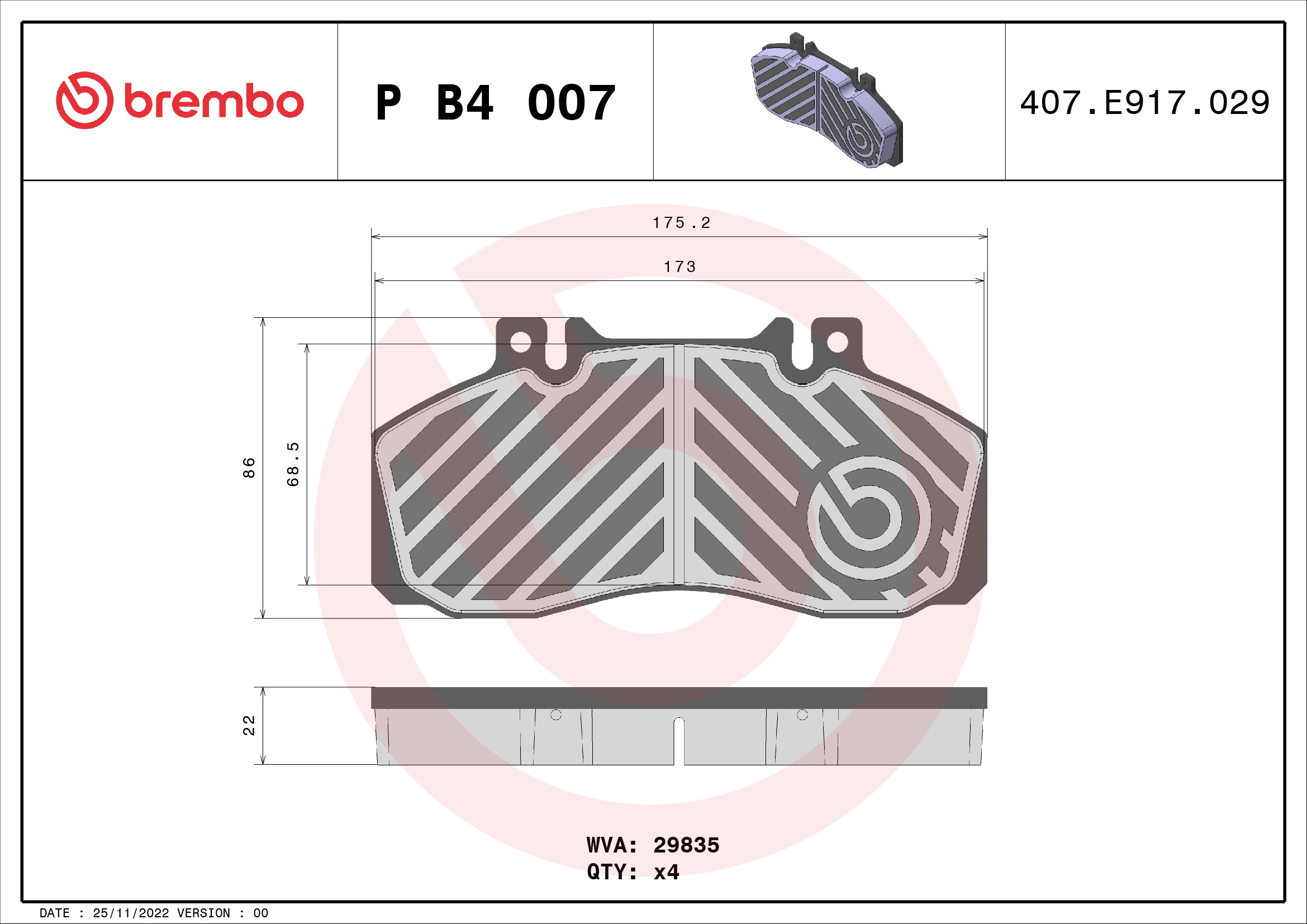 Brake Pad Set, disc brake - P B4 007 BREMBO