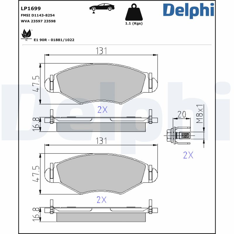 Комплект тормозных колодок, дисковый тормоз - LP1699 DELPHI