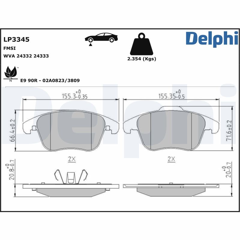 Комплект тормозных колодок, дисковый тормоз - LP3345 DELPHI