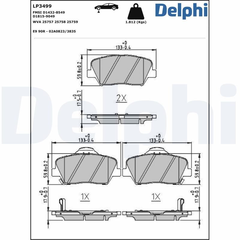 Комплект тормозных колодок, дисковый тормоз - LP3499 DELPHI