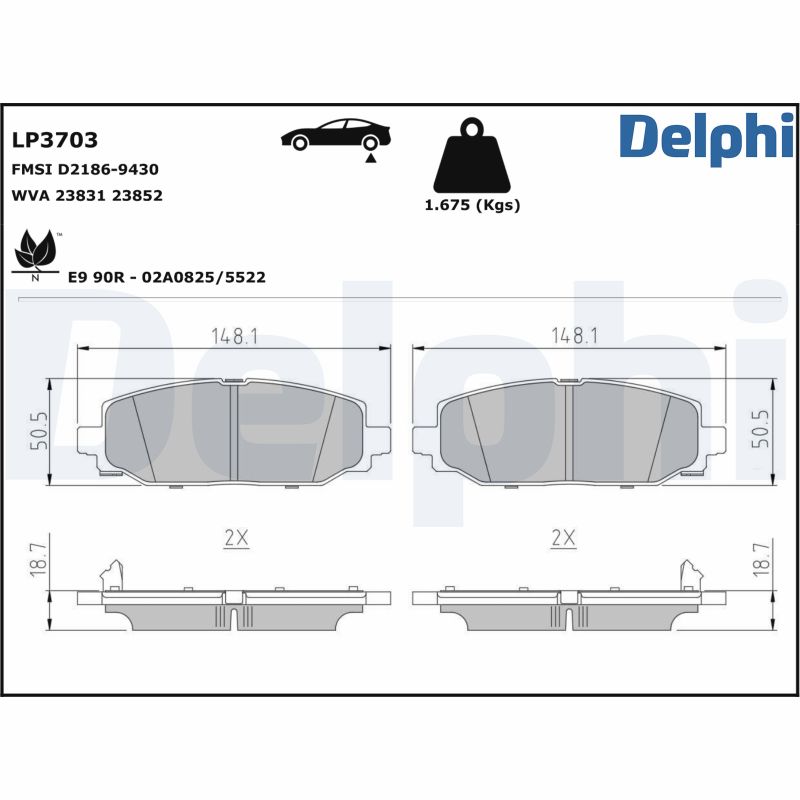 Комплект тормозных колодок, дисковый тормоз - LP3703 DELPHI