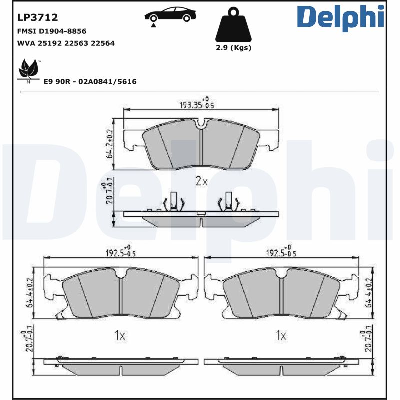Комплект тормозных колодок, дисковый тормоз - LP3712 DELPHI