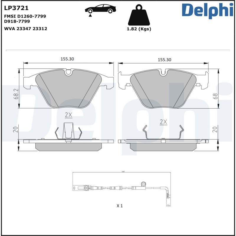 Комплект тормозных колодок, дисковый тормоз - LP3721 DELPHI
