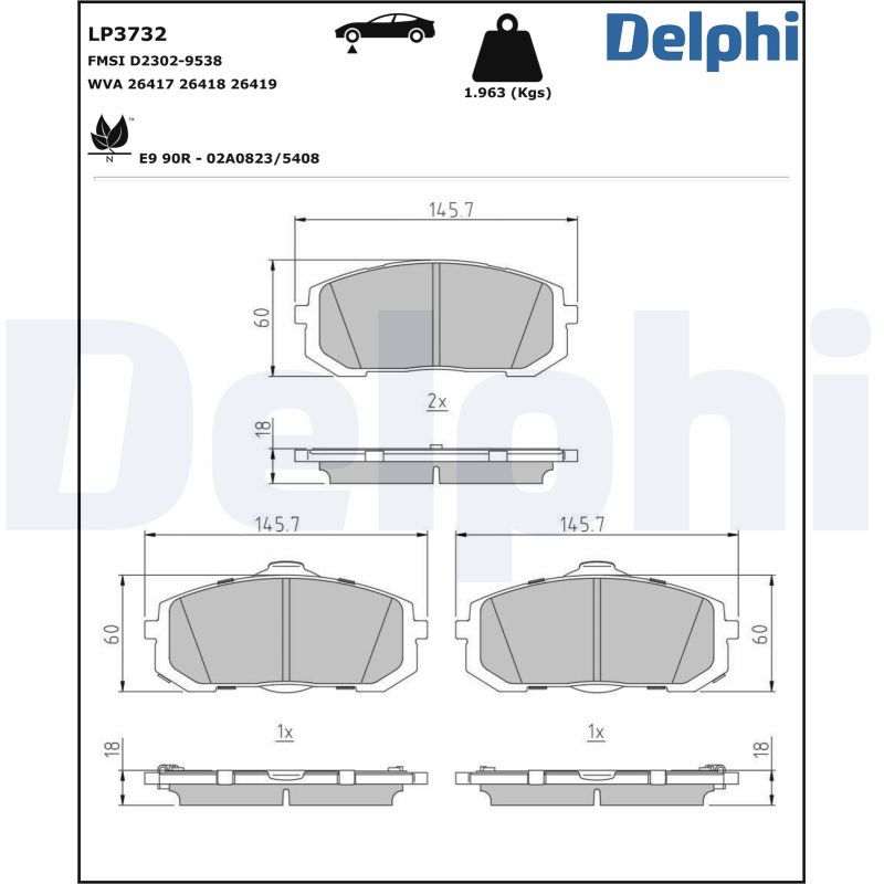 Комплект тормозных колодок, дисковый тормоз - LP3732 DELPHI