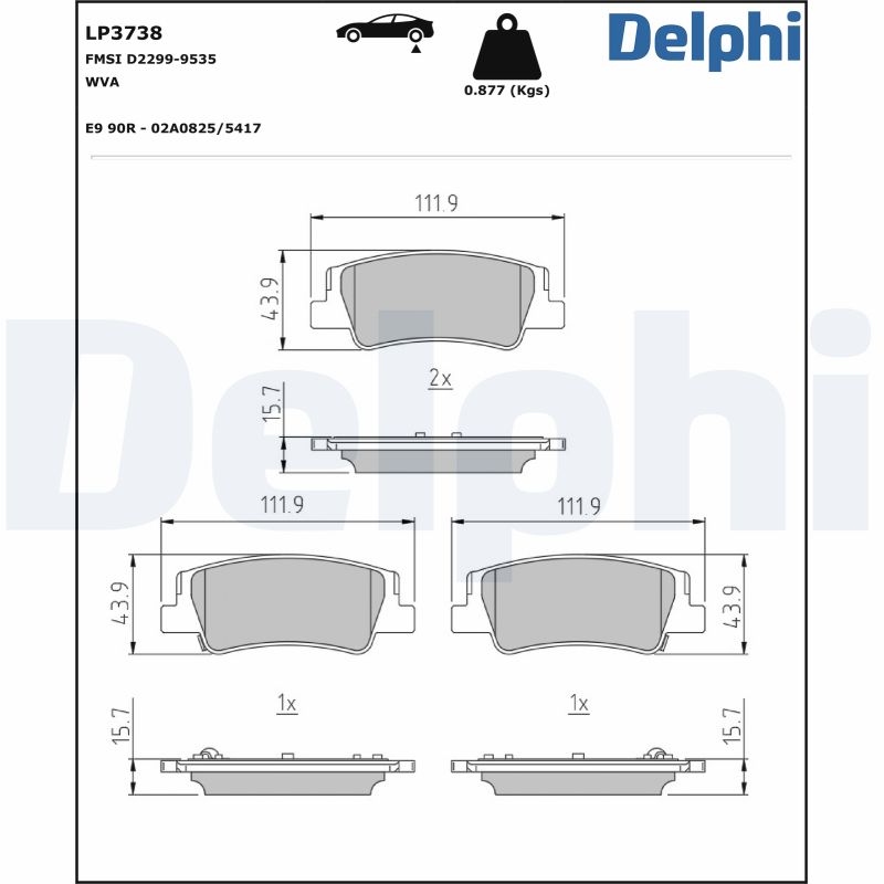 Комплект тормозных колодок, дисковый тормоз - LP3738 DELPHI