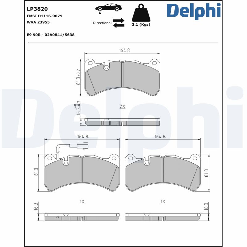 Комплект тормозных колодок, дисковый тормоз - LP3820 DELPHI