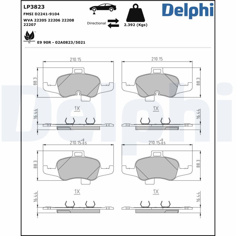 Комплект тормозных колодок, дисковый тормоз - LP3823 DELPHI