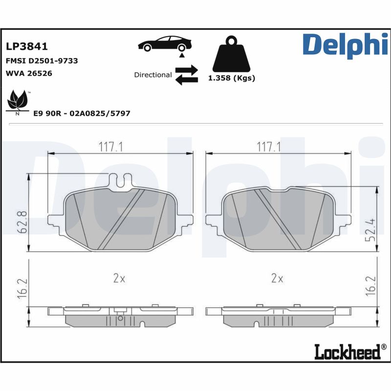 Комплект тормозных колодок, дисковый тормоз - LP3841 DELPHI