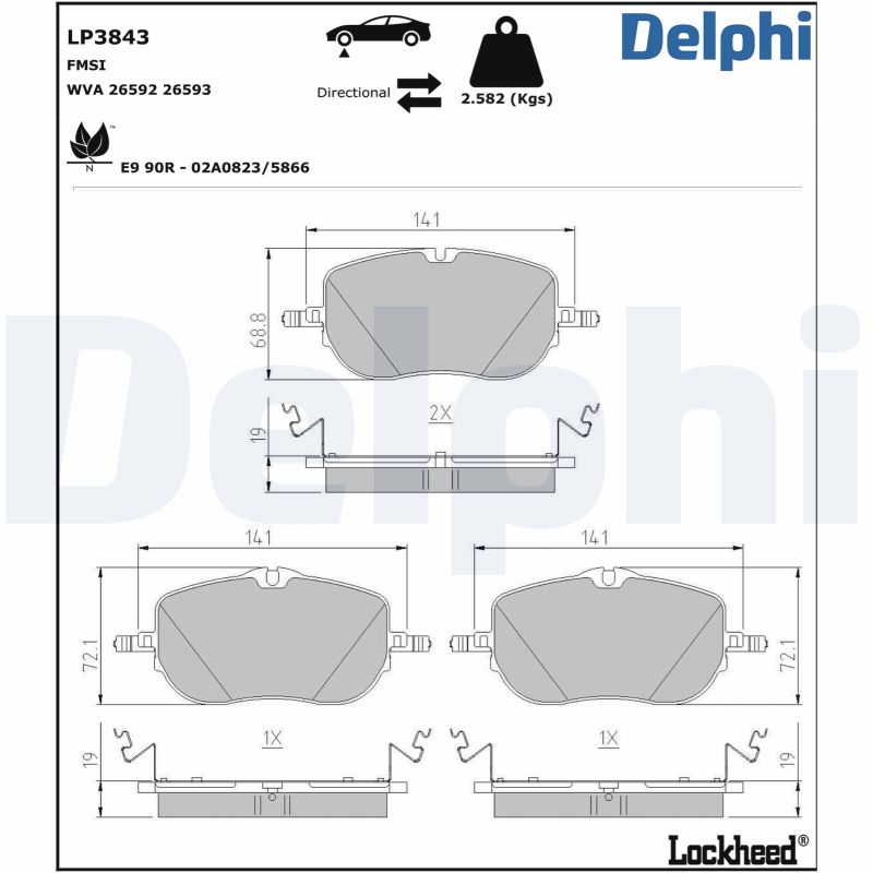 Комплект тормозных колодок, дисковый тормоз - LP3843 DELPHI