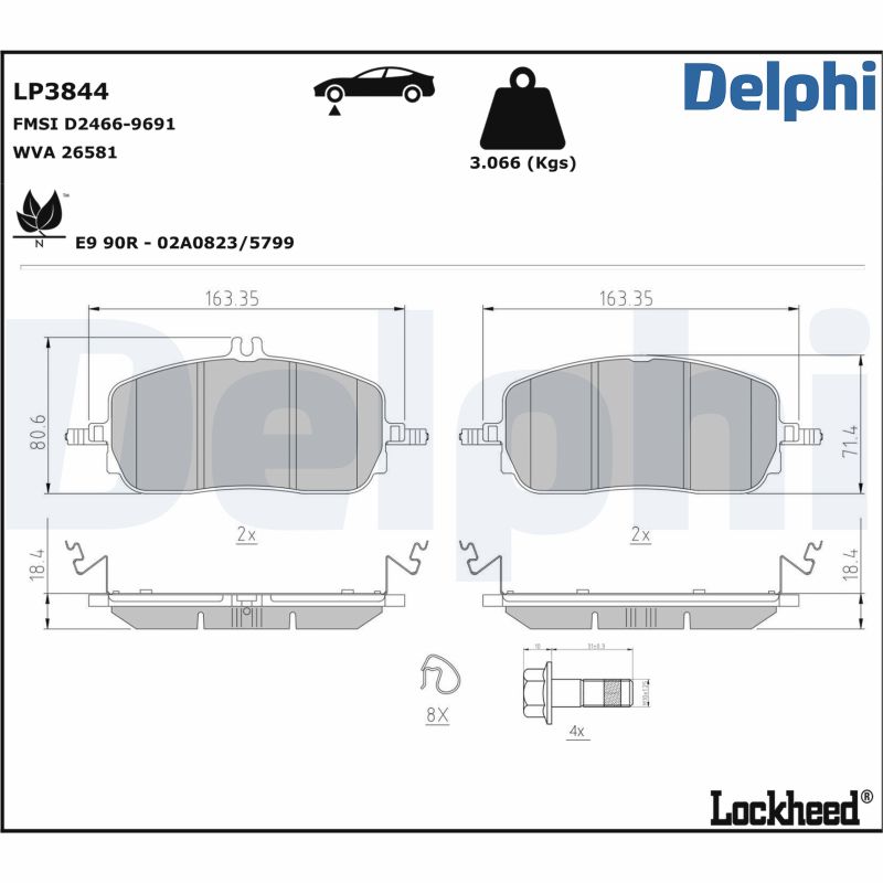 Комплект тормозных колодок, дисковый тормоз - LP3844 DELPHI