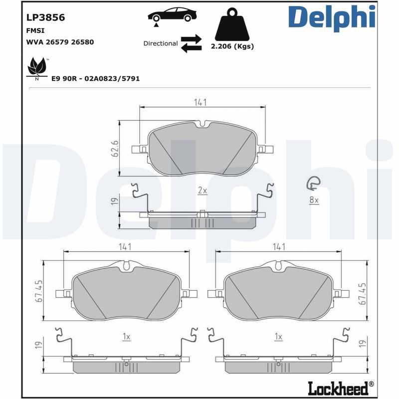 Комплект тормозных колодок, дисковый тормоз - LP3856 DELPHI