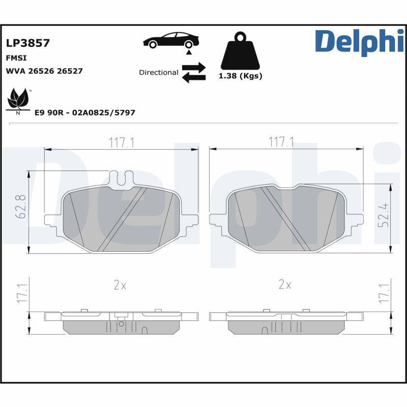 Комплект тормозных колодок, дисковый тормоз - LP3857 DELPHI