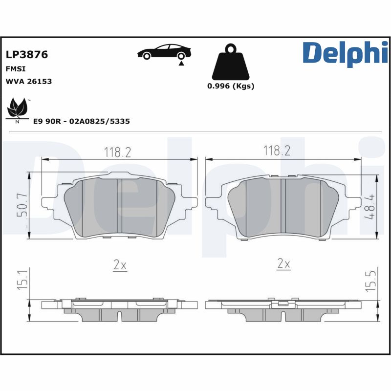 Комплект тормозных колодок, дисковый тормоз - LP3876 DELPHI