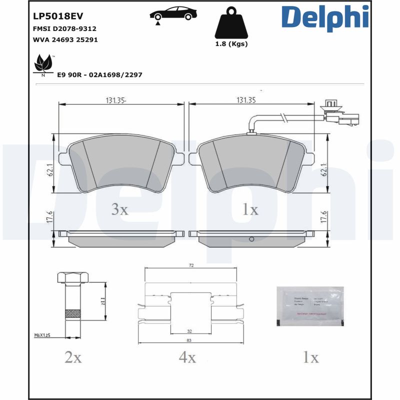 Комплект тормозных колодок, дисковый тормоз - LP5018EV DELPHI