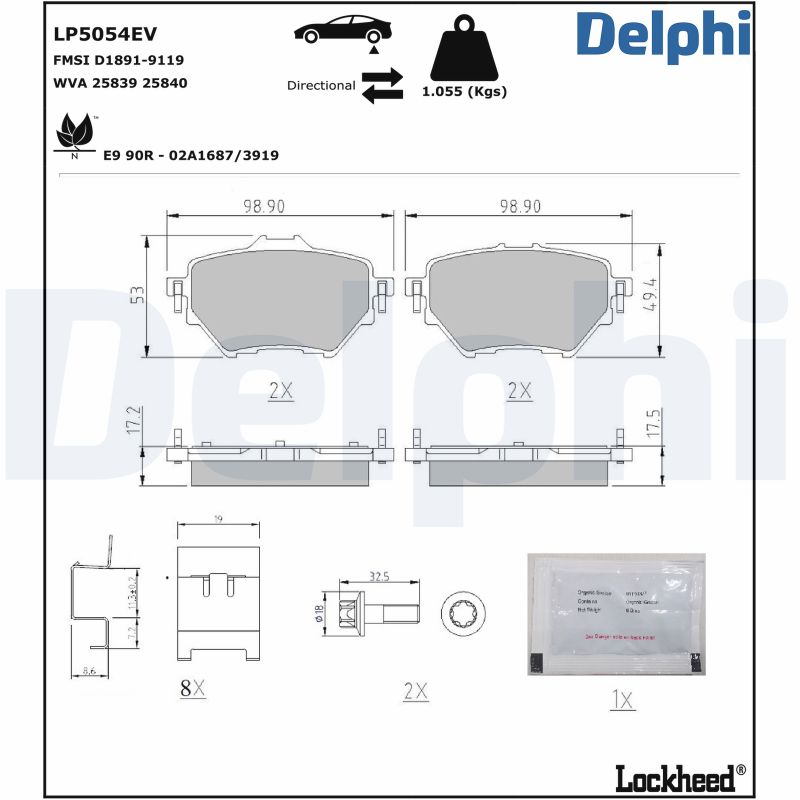 Комплект тормозных колодок, дисковый тормоз - LP5054EV DELPHI