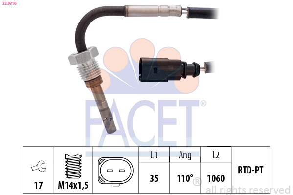 Sensore, Temperatura gas scarico - 22.0316 FACET