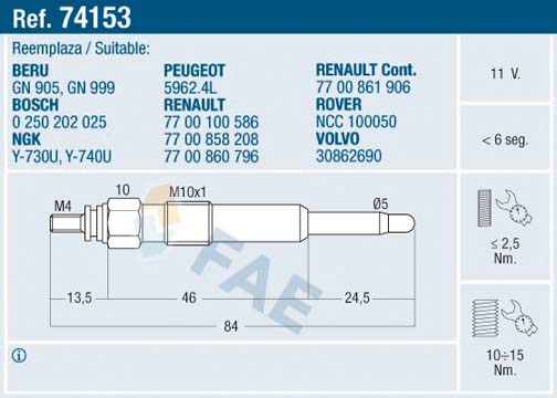 Свеча накаливания - 74153 FAE
