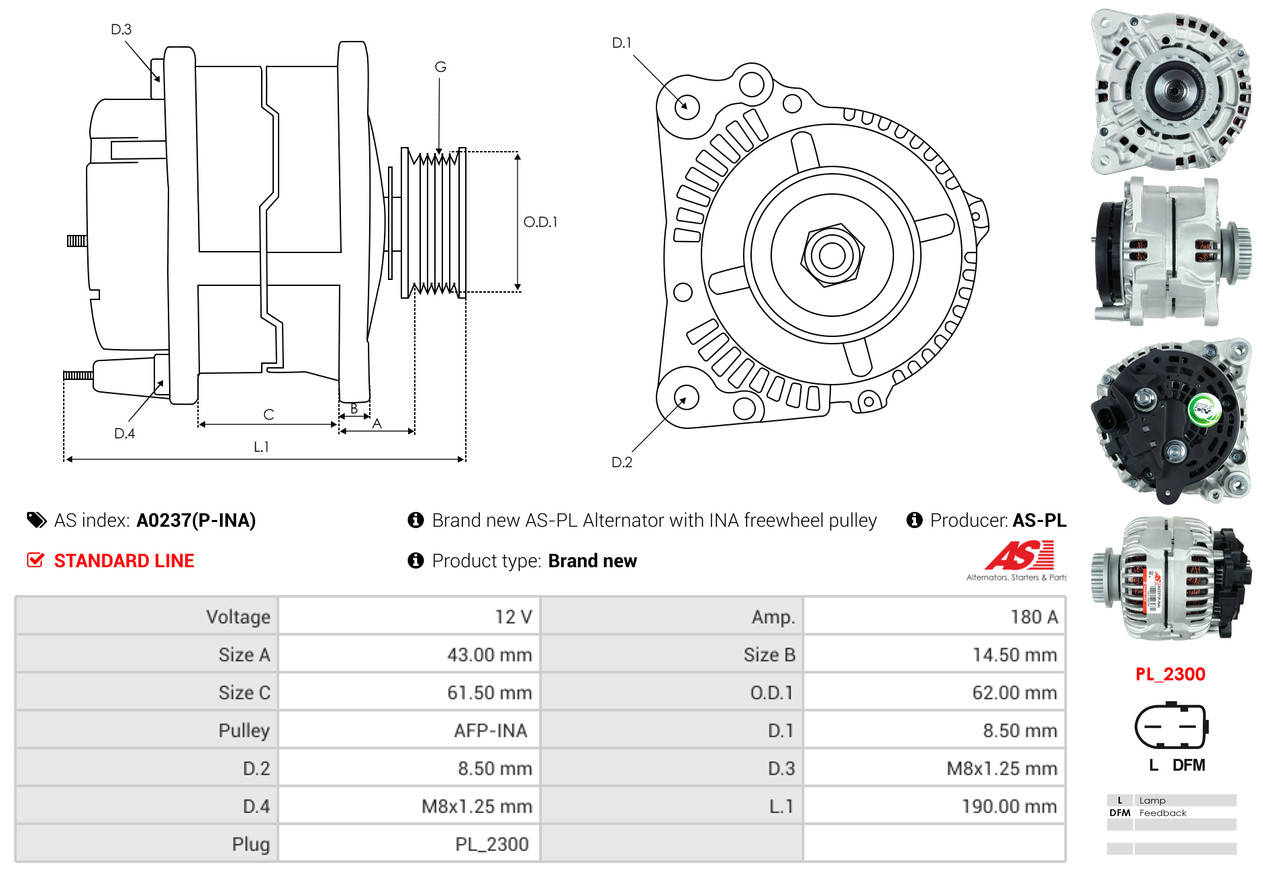 Alternator - A0237(P-INA) AS-PL