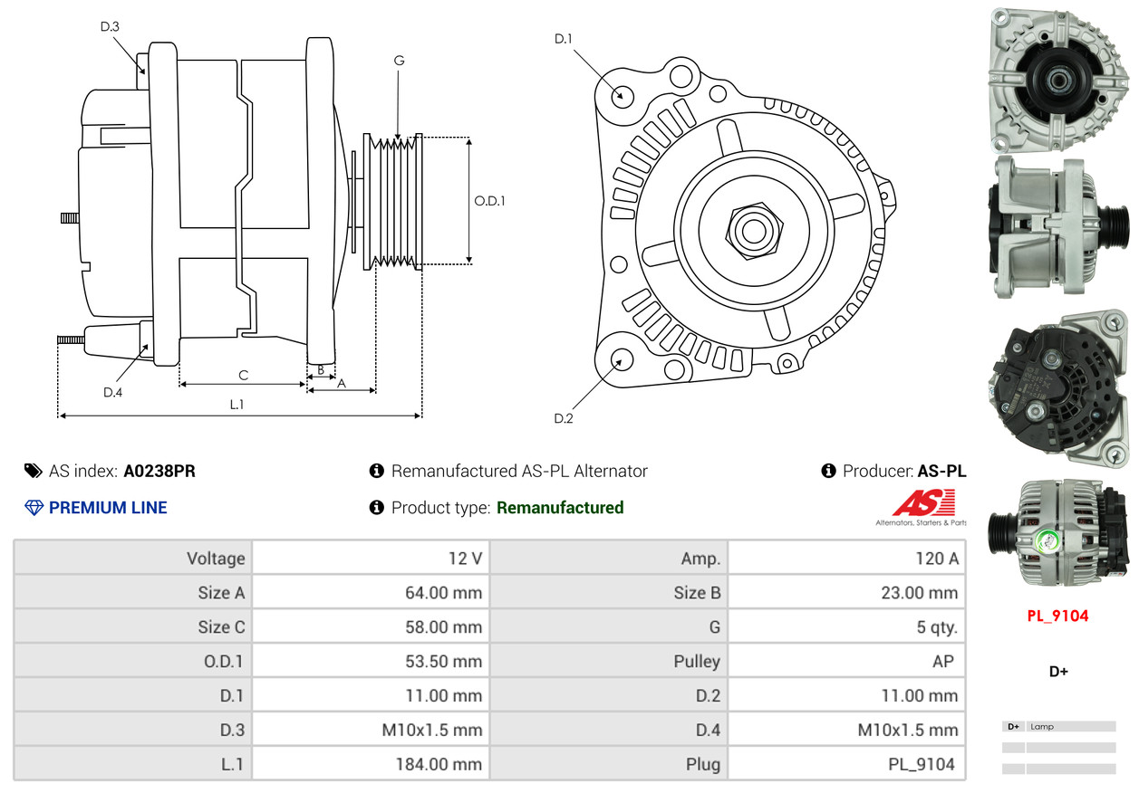 Alternatore - A0238PR AS-PL