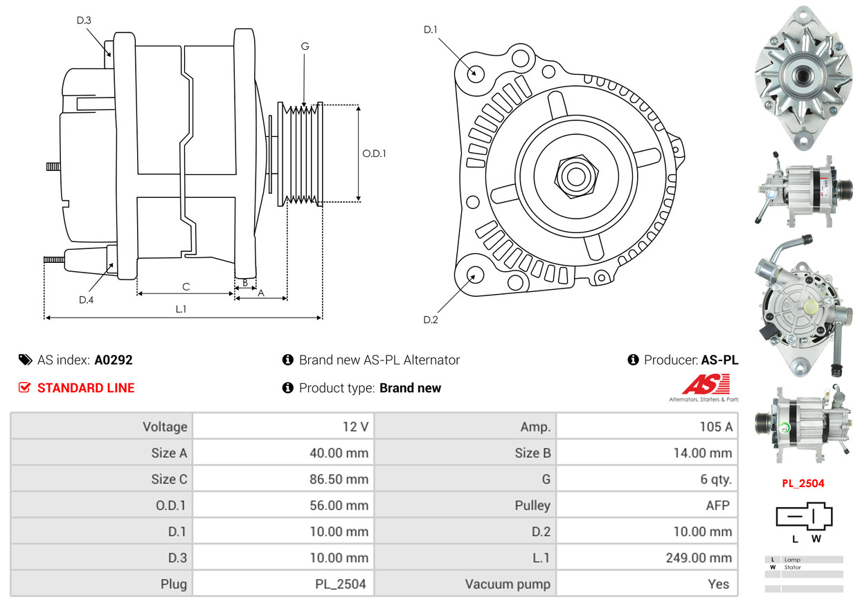 Alternator - A0292 AS-PL
