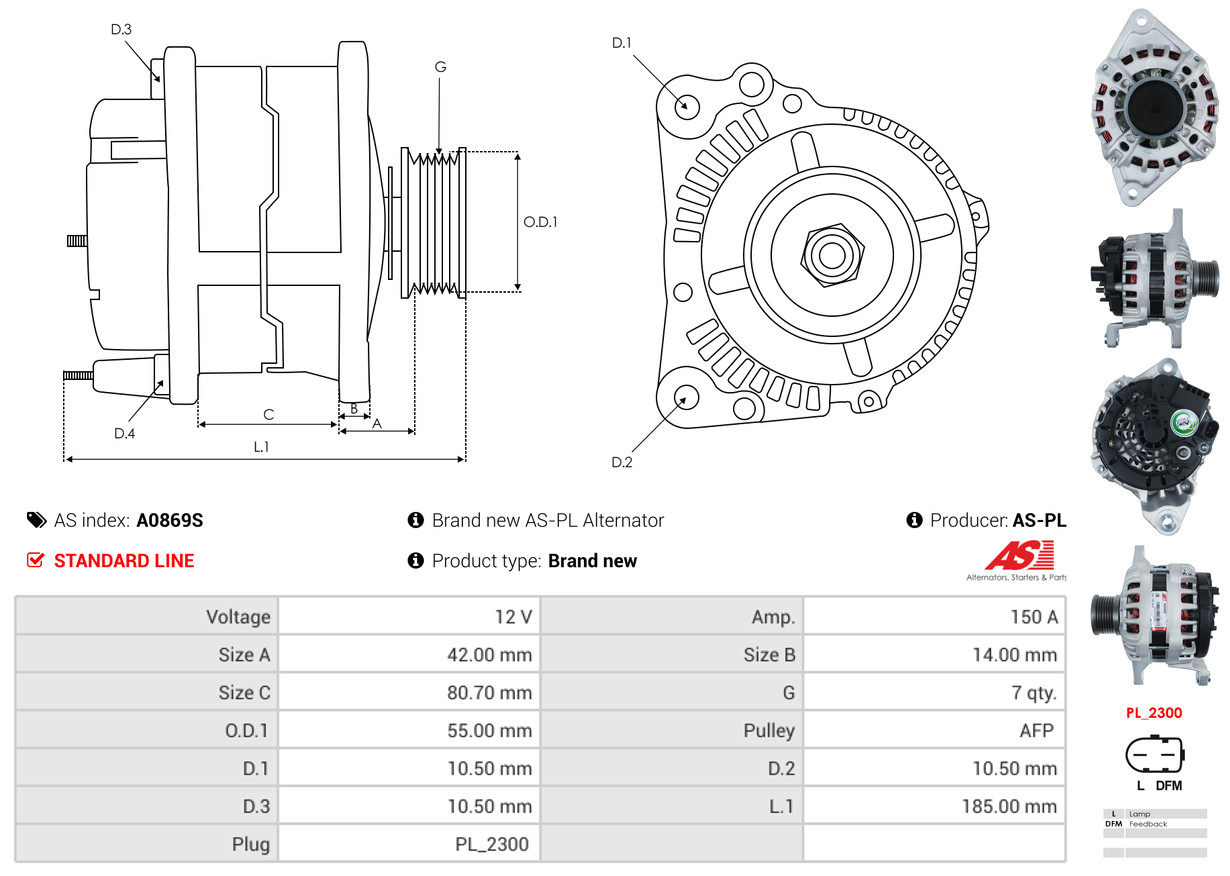 Alternator - A0869S AS-PL