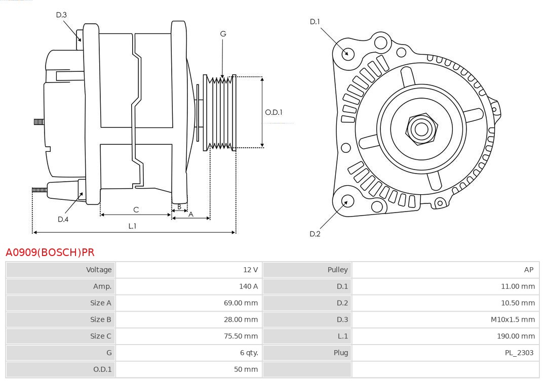 Генератор - A0909(BOSCH)PR AS-PL