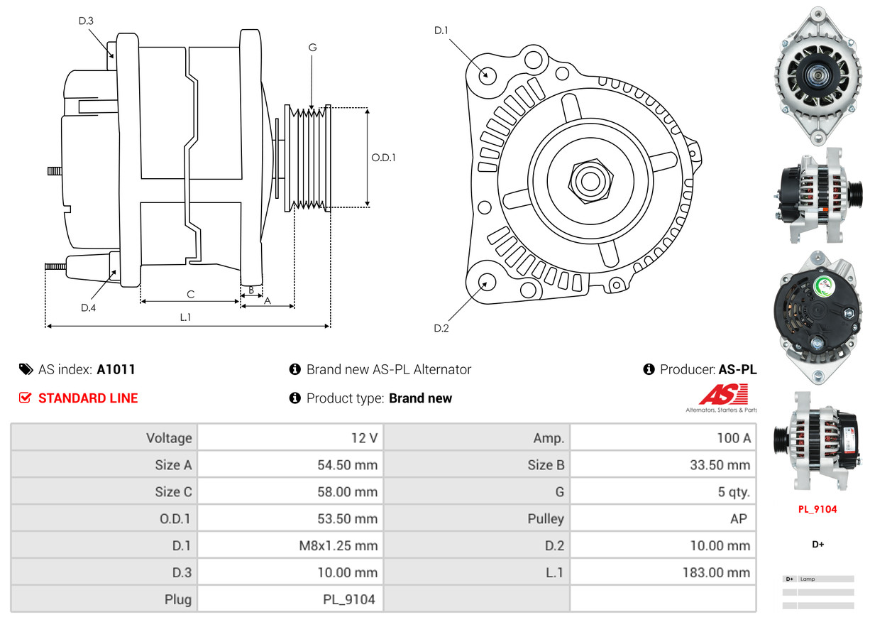 Alternator - A1011 AS-PL