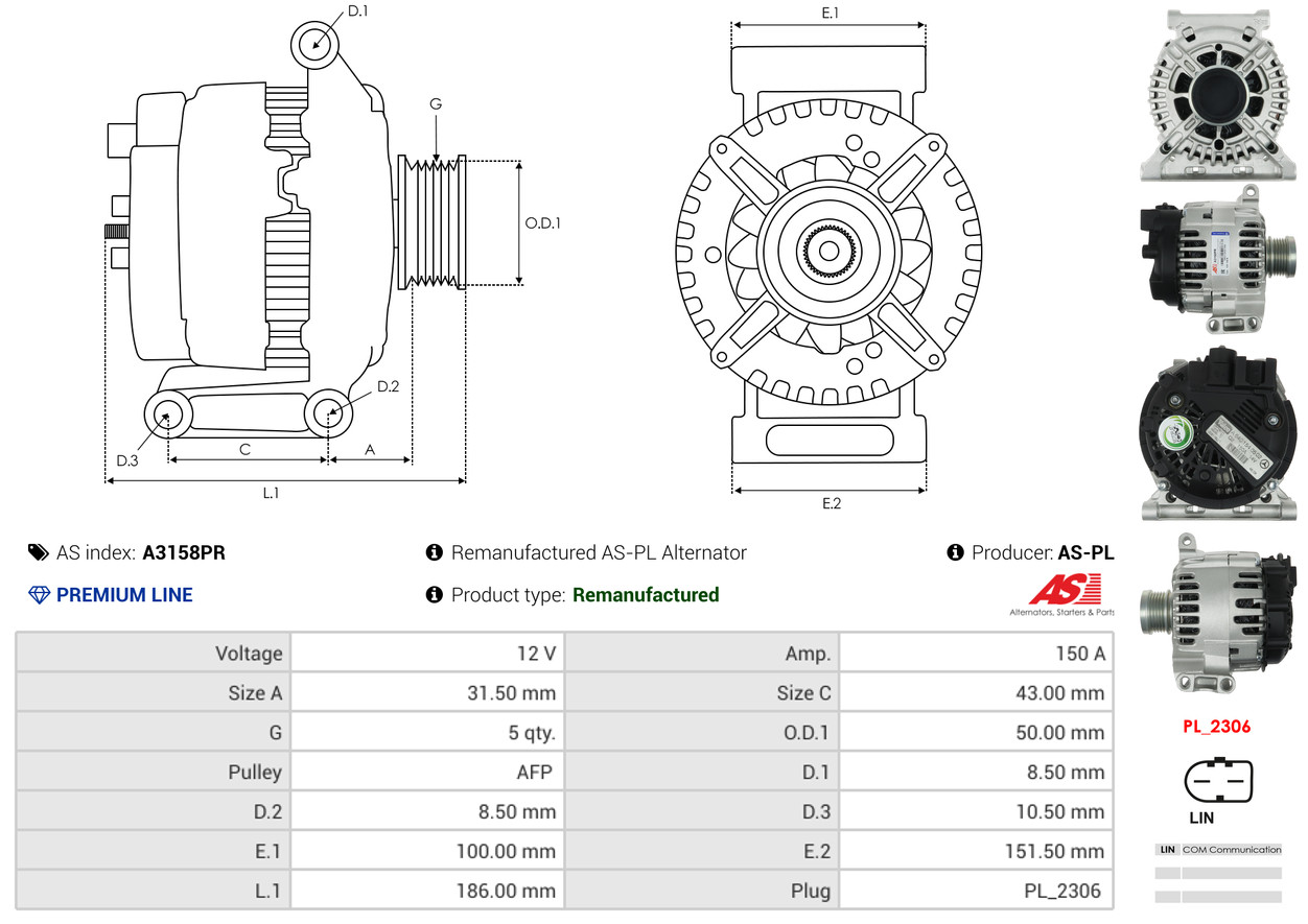 Alternator - A3158PR AS-PL