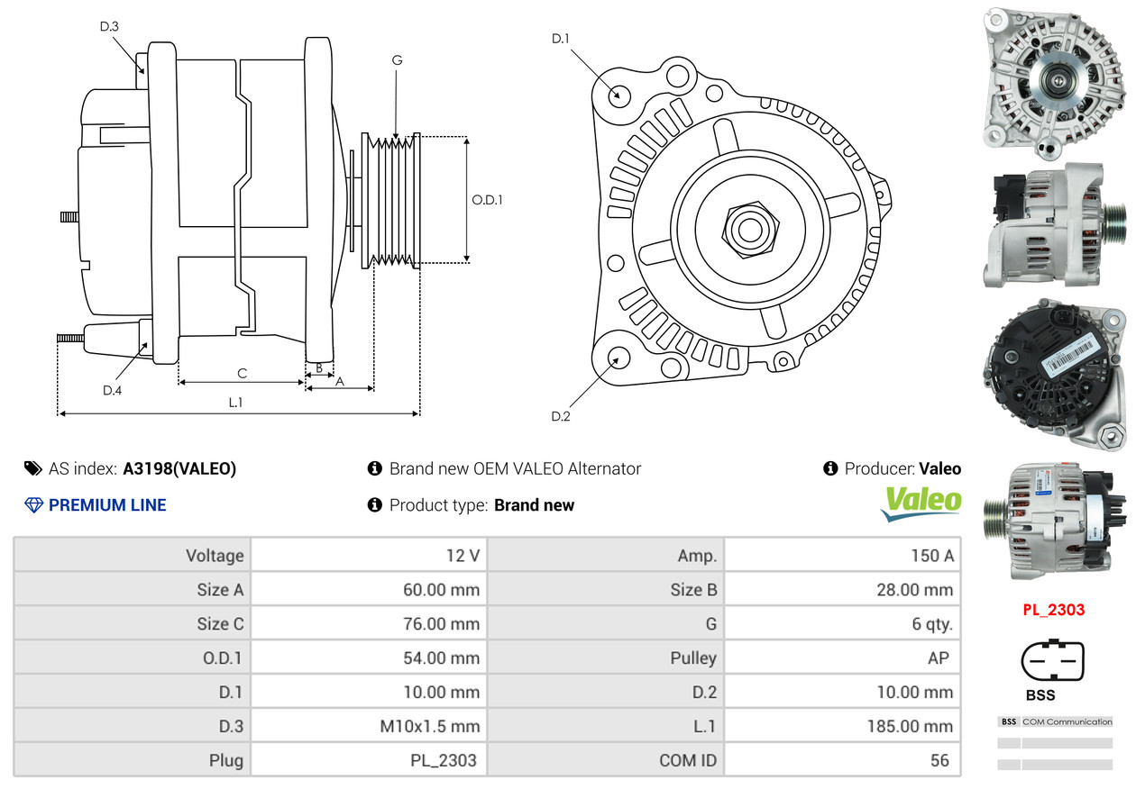Alternator - A3198(VALEO) AS-PL