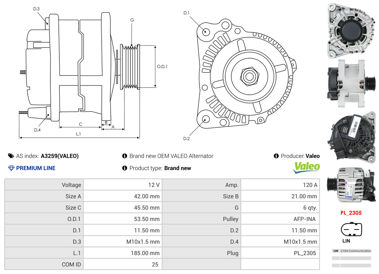 Alternator - A3259(VALEO) AS-PL
