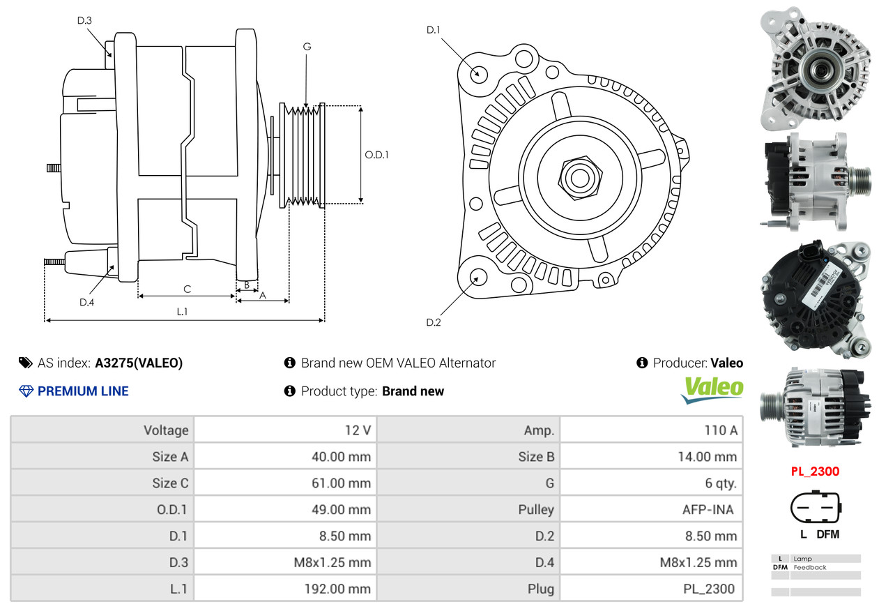 Alternator - A3275(VALEO) AS-PL
