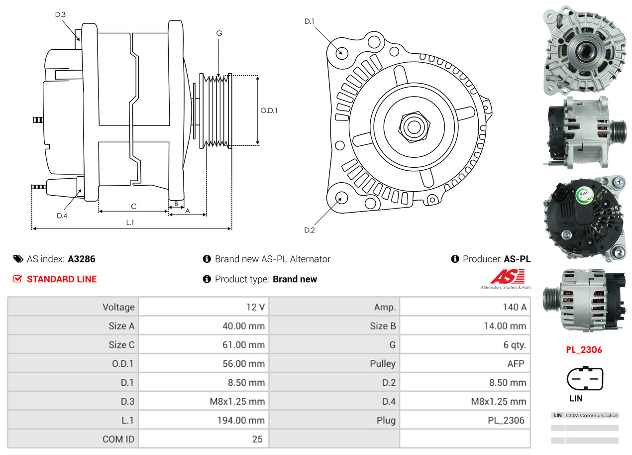 Alternator - A3286 AS-PL
