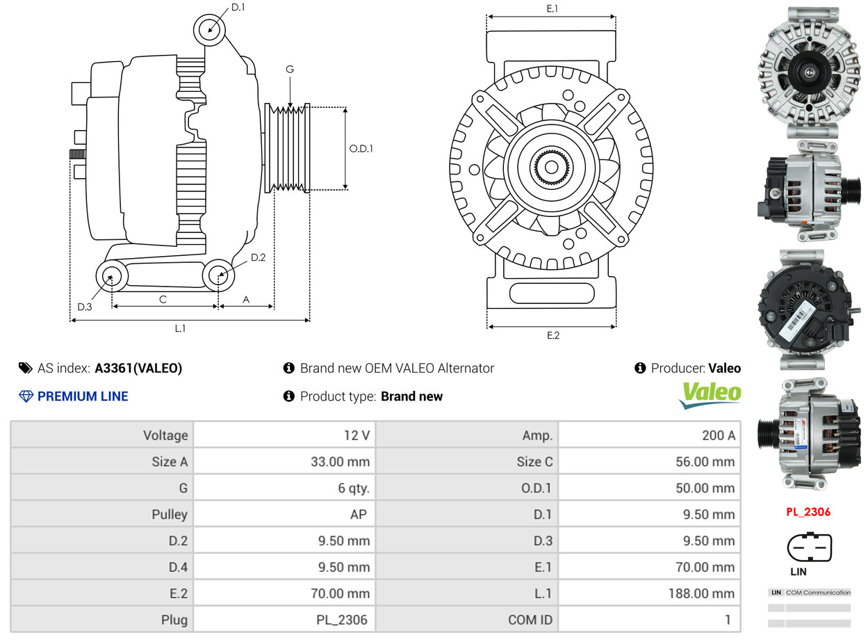 Alternator - A3361(VALEO) AS-PL