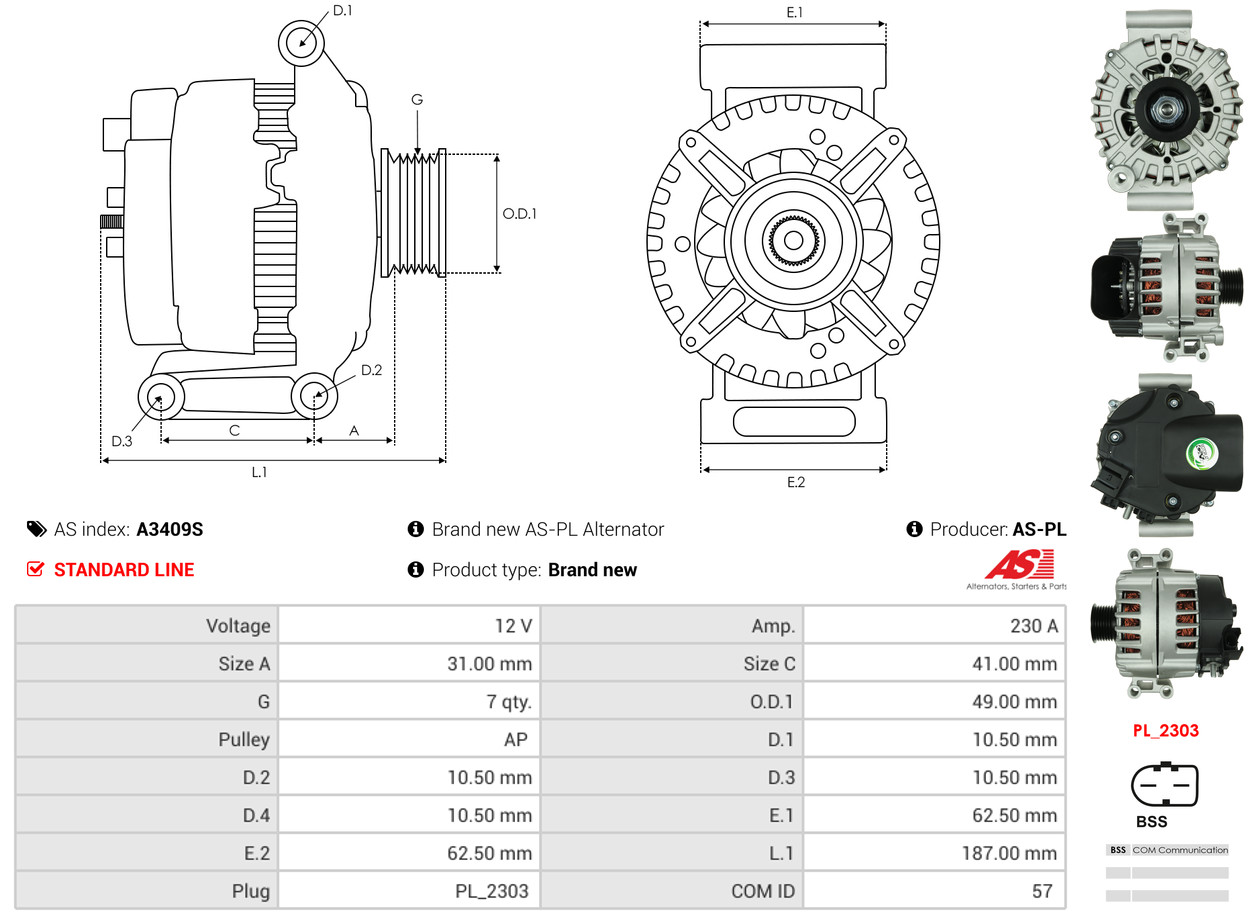 Alternator - A3409S AS-PL