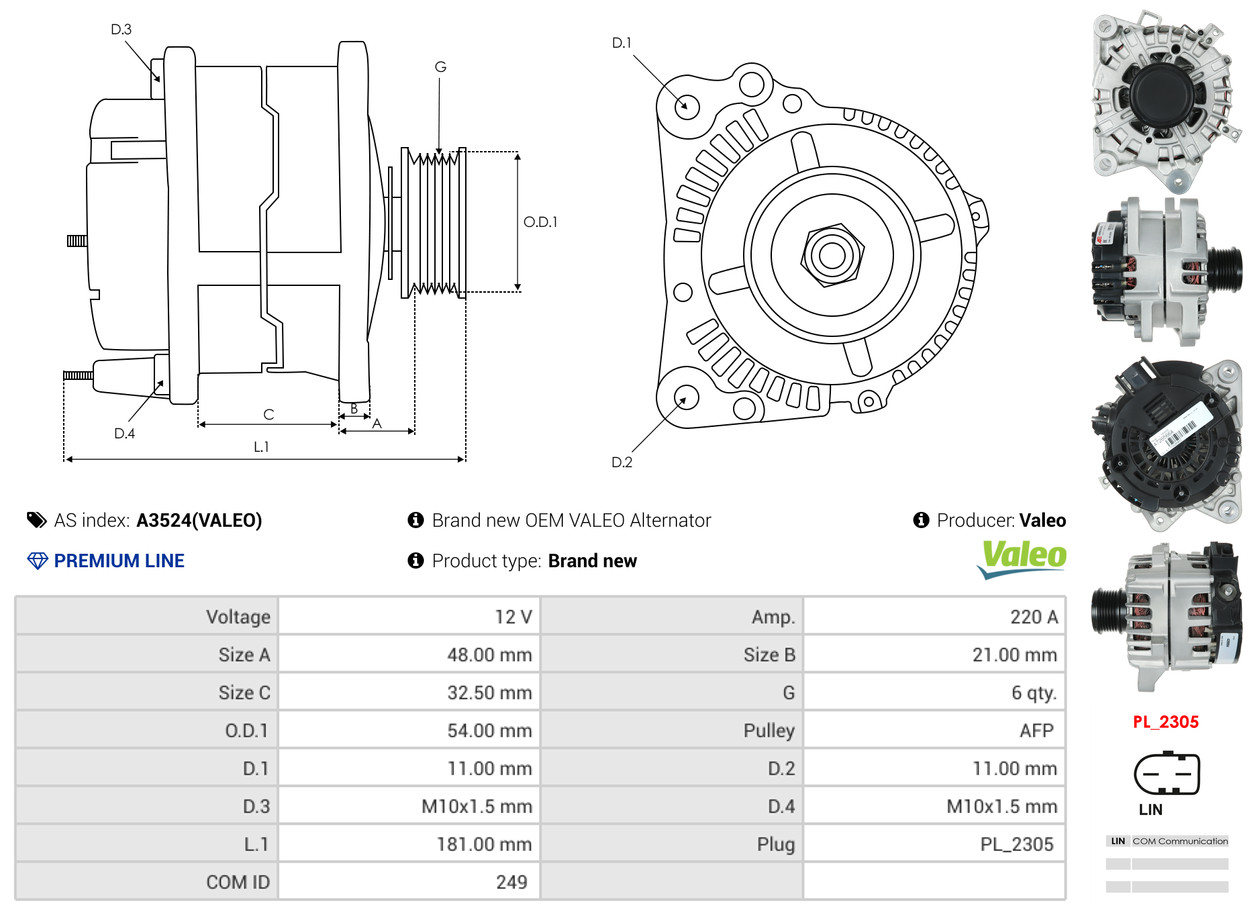 Alternator - A3524(VALEO) AS-PL