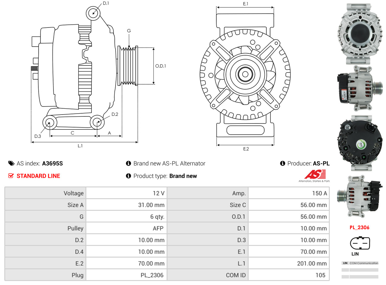 Alternator - A3695S AS-PL