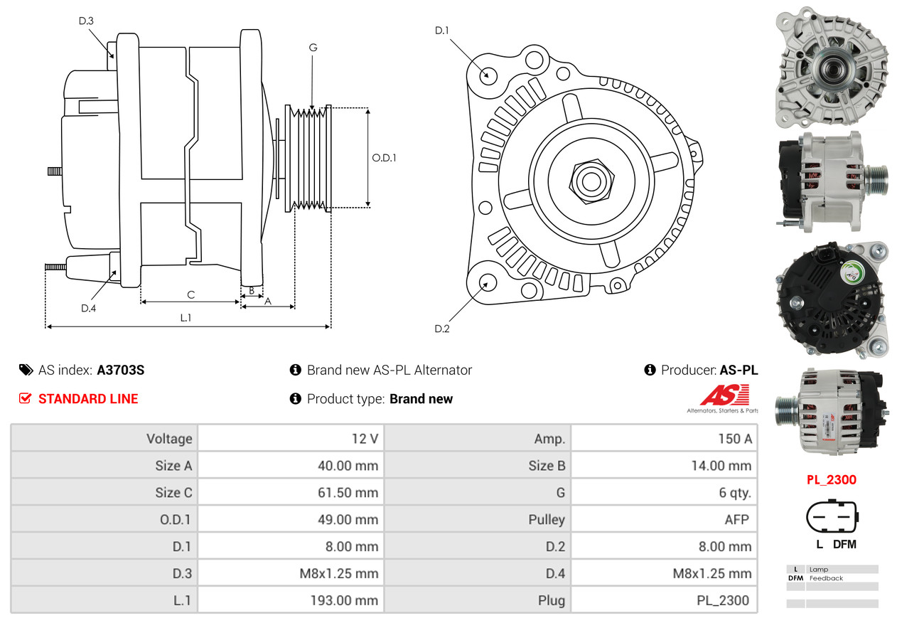 Alternator - A3703S AS-PL