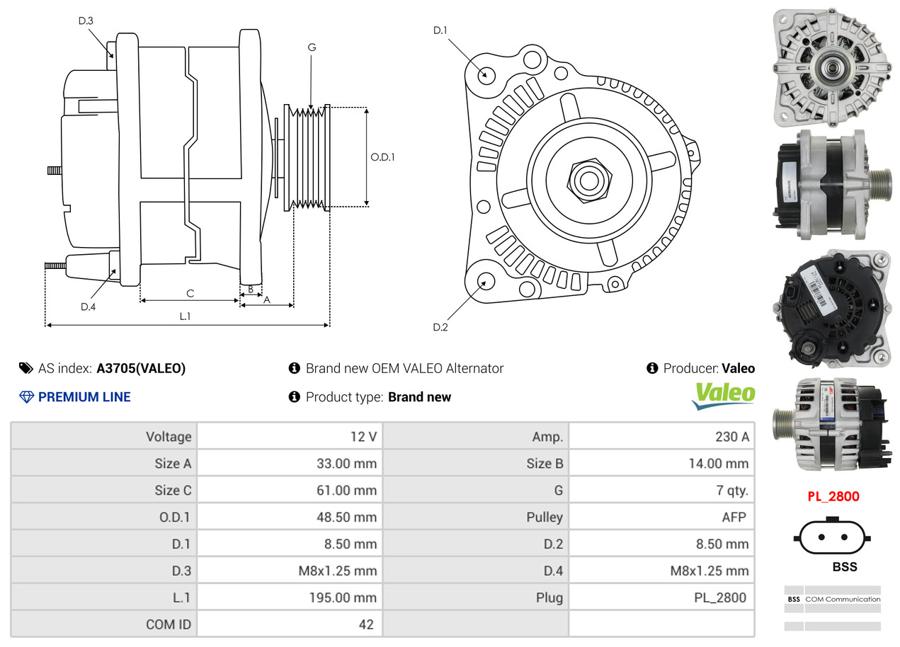Alternator - A3705(VALEO) AS-PL