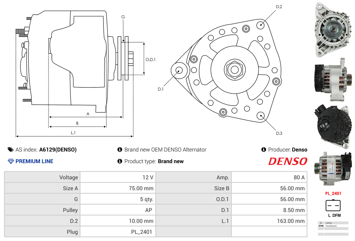 Alternator - A6129(DENSO) AS-PL