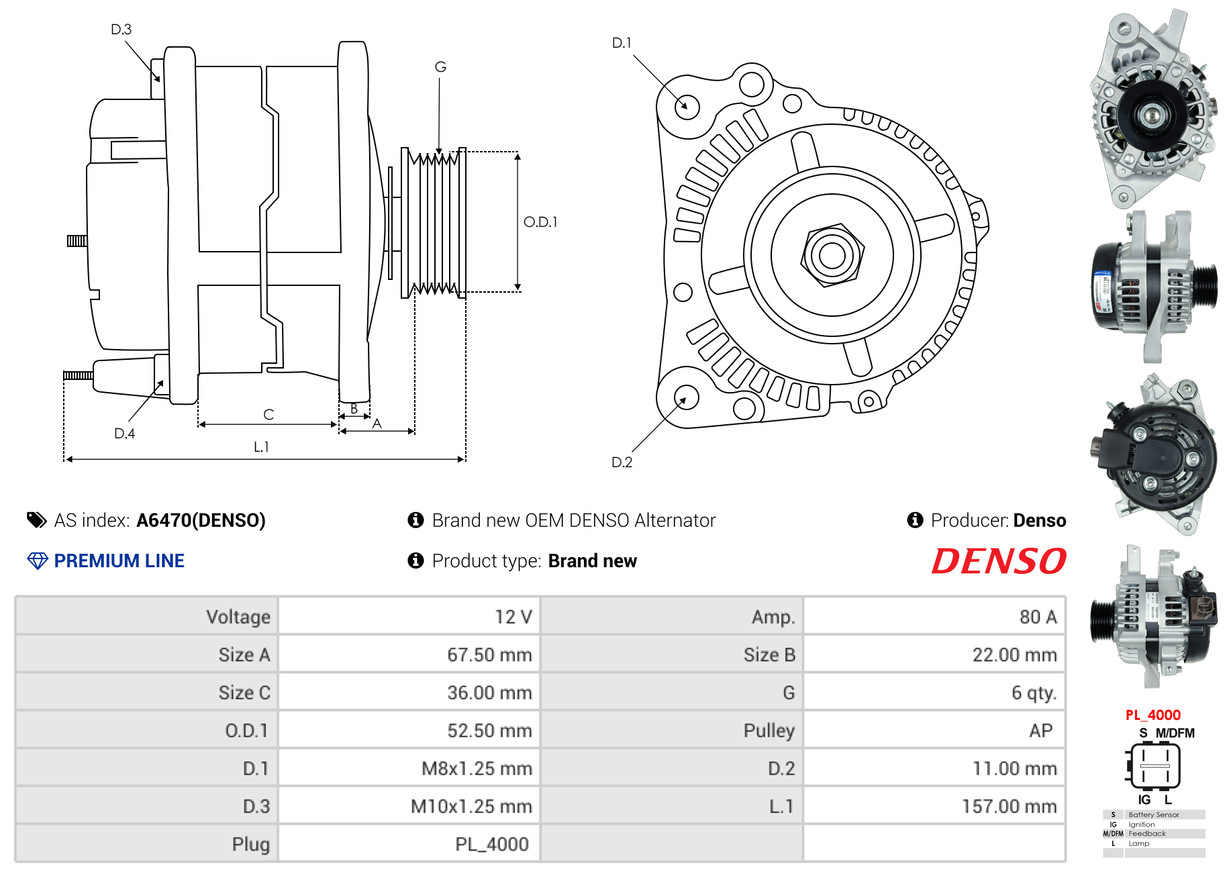 Alternator - A6470(DENSO) AS-PL