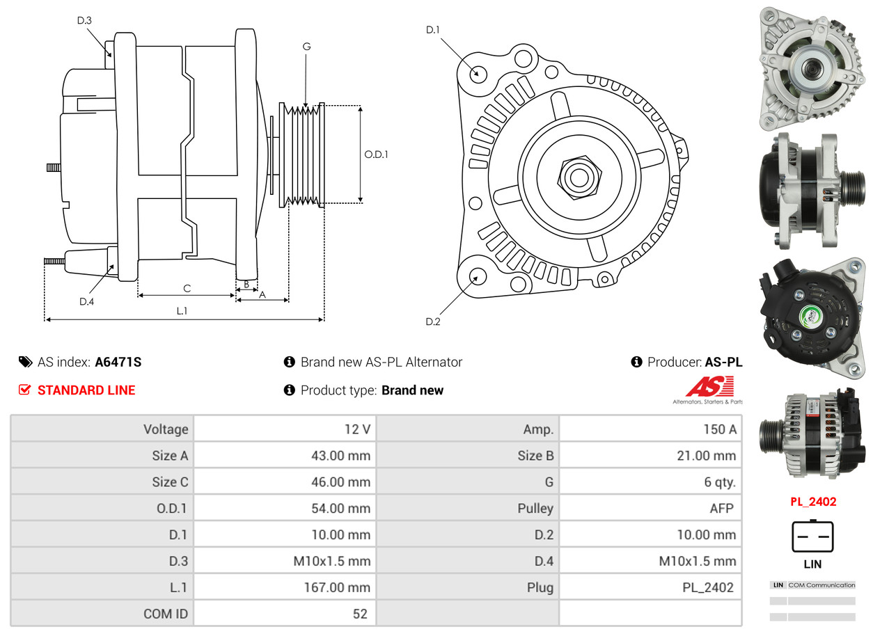 Alternator - A6471S AS-PL