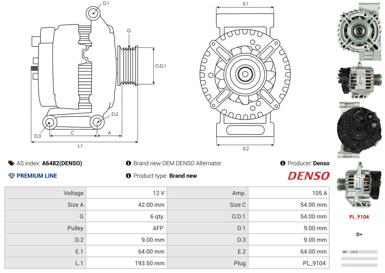Alternator - A6482(DENSO) AS-PL