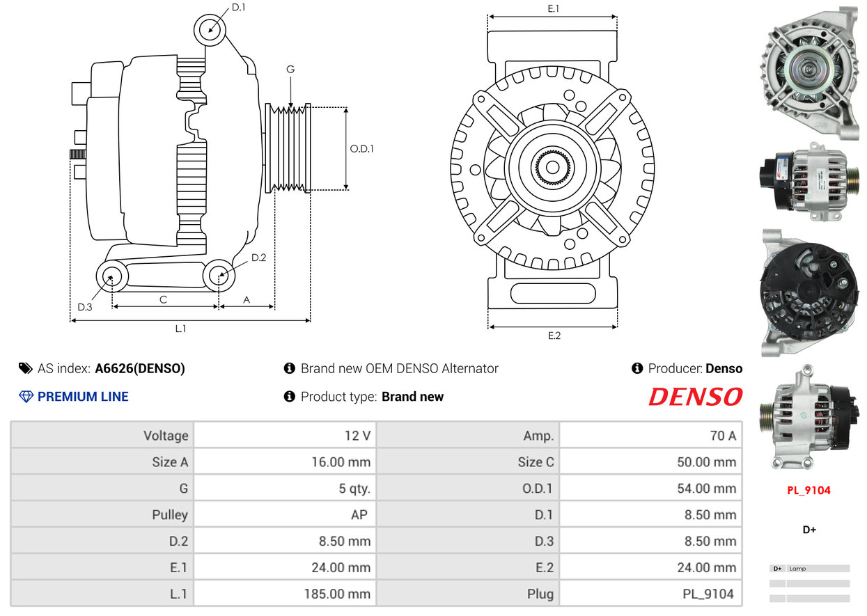 Alternator - A6626(DENSO) AS-PL