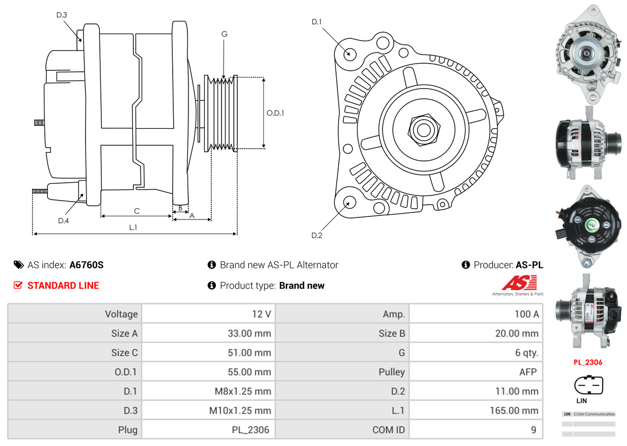 Alternator - A6760S AS-PL