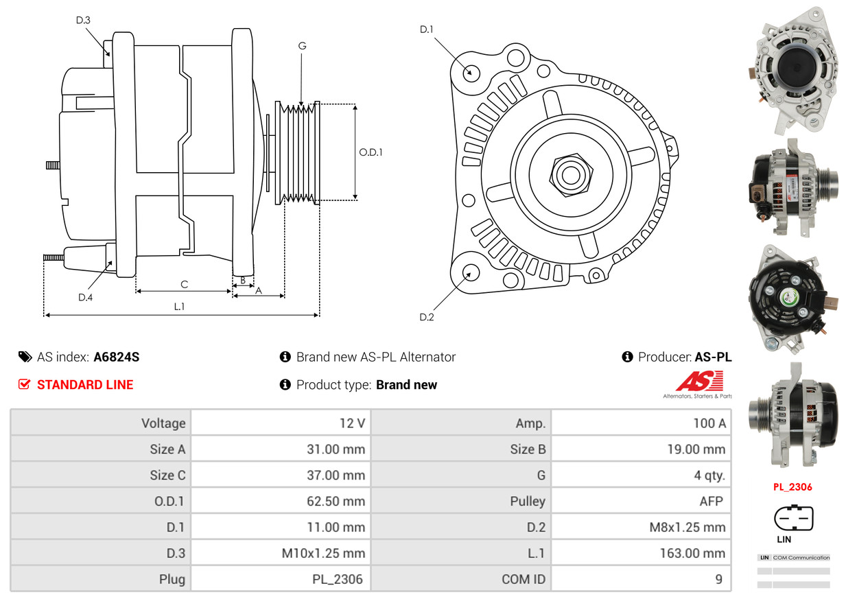 Alternator - A6824S AS-PL