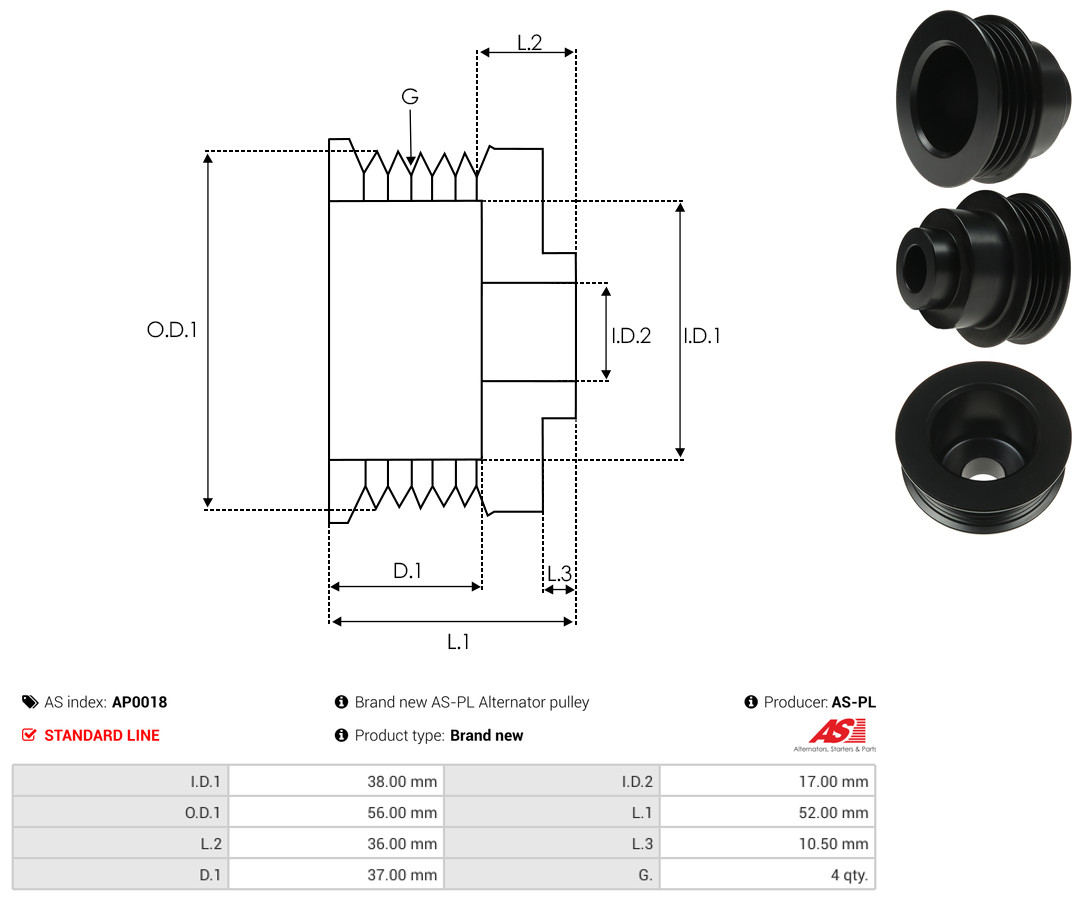 Puleggia cinghia, Alternatore - AP0018 AS-PL