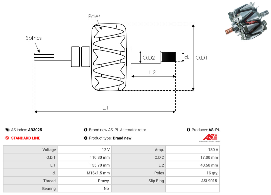 Rotor, alternator - AR3025 AS-PL