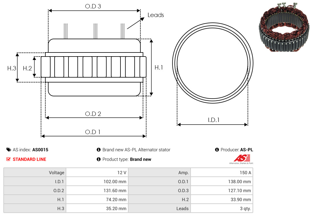 Stator, alternator - AS0015 AS-PL
