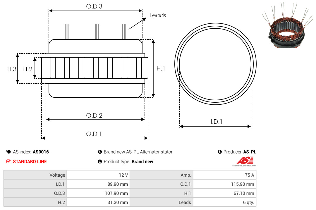 Stator, alternator - AS0016 AS-PL