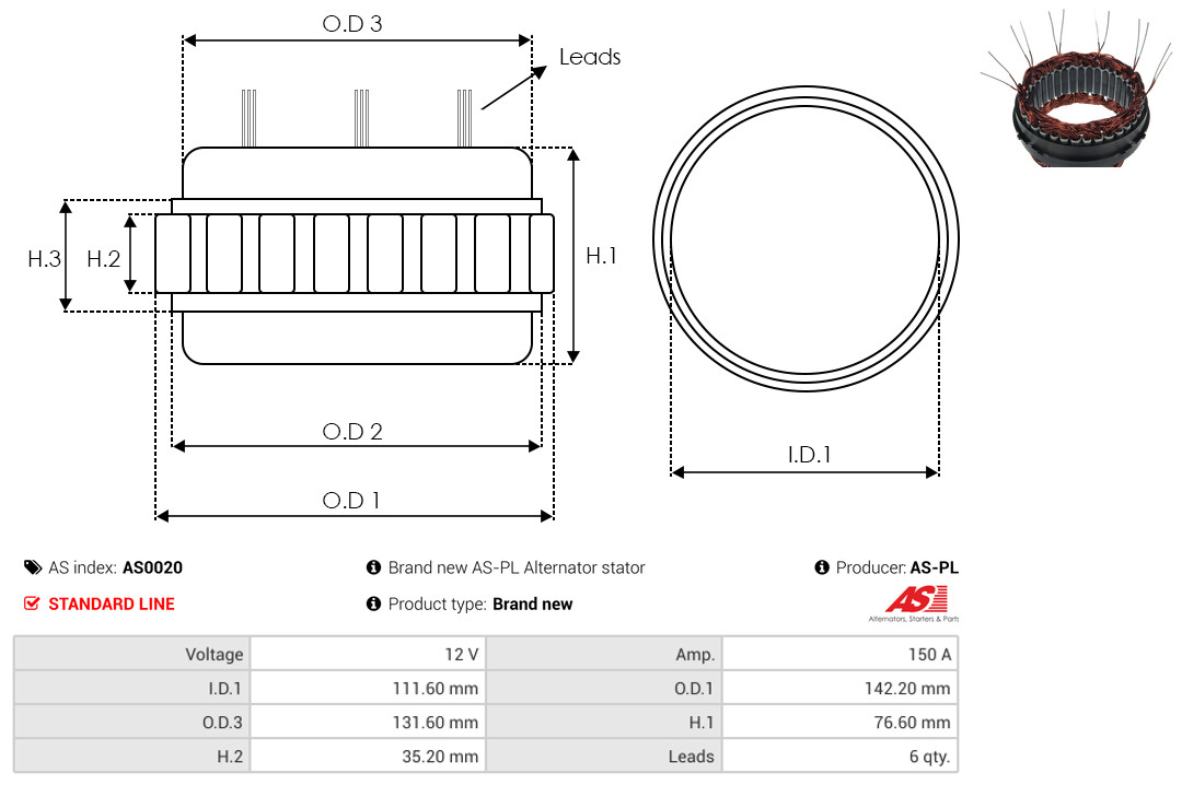 Stator, alternator - AS0020 AS-PL